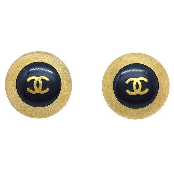 Chanel Button Earrings Clip-On Black Gold 94P 133737 - Picture 1 of 4